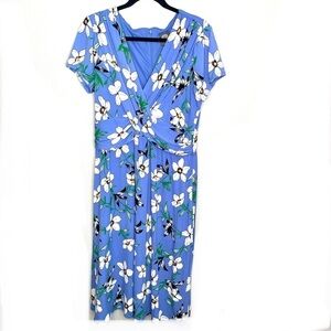 Vince Camuto Blue Floral Smocked Knit Short Sleeve V-Neck Midi Dress Plus Sz 14